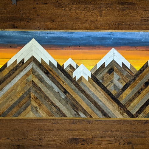 Rustic Mountain Wood Wall Art Asymmetrical With Soft Sunset Etsy