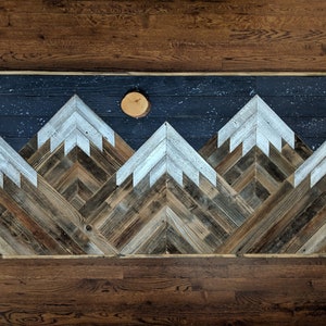 Rustic mountain wood wall art with night sky, moon and stars . Hand crafted from reclaimed wood by DoxaDesign