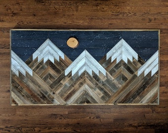 Rustic mountain wood wall art with night sky, moon and stars . Hand crafted from reclaimed wood by DoxaDesign