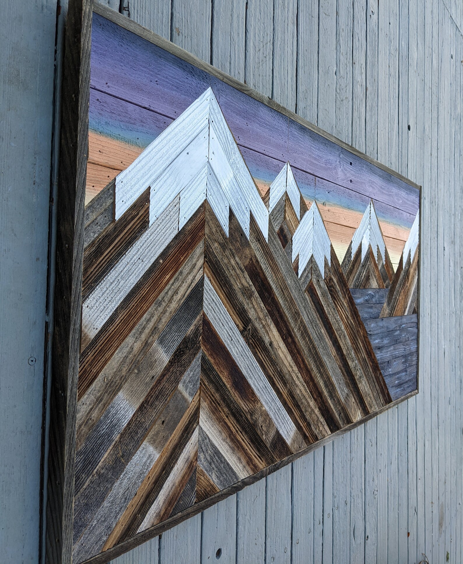 Rustic Mountain Wood Wall Art Asymmetrical With Soft Sunset Etsy
