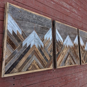 Rustic mountain wood wall art with gray sky triptych set of 3. Hand crafted from reclaimed wood by DoxaDesign