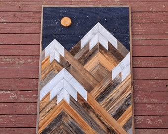 Rustic mountain wood wall art portrait with night sky, moon and stars. Hand crafted from reclaimed wood by DoxaDesign