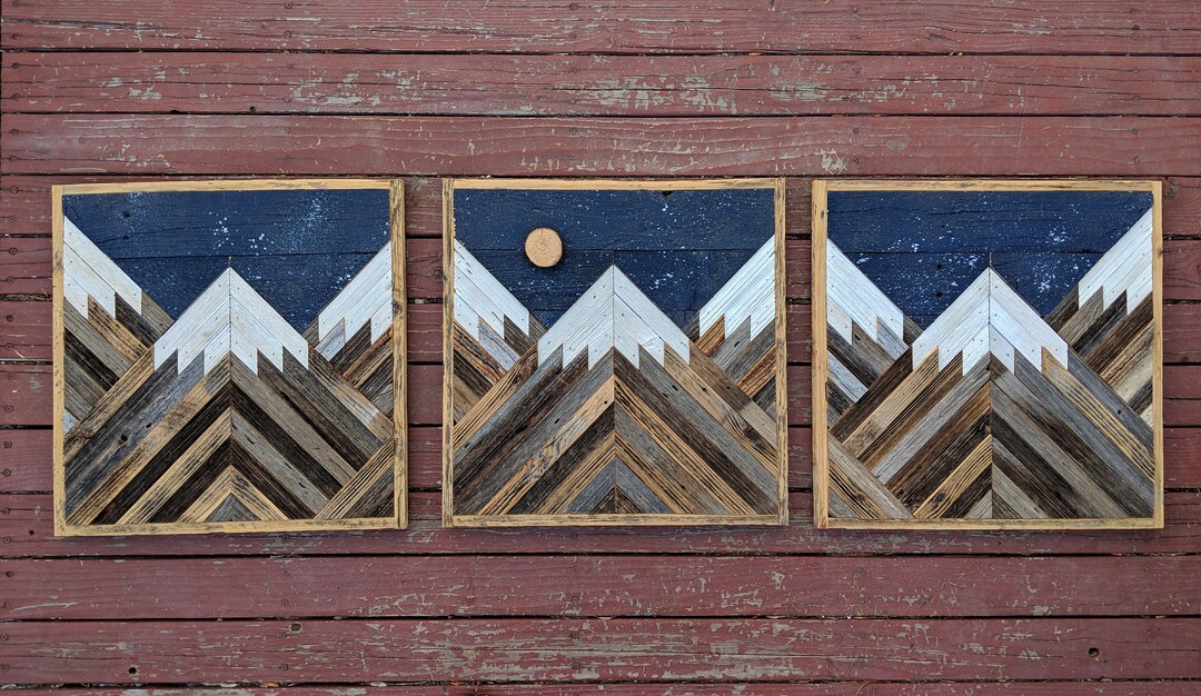 Rustic Mountain Wood Wall Art With Night Sky, Moon and Stars Triptych ...