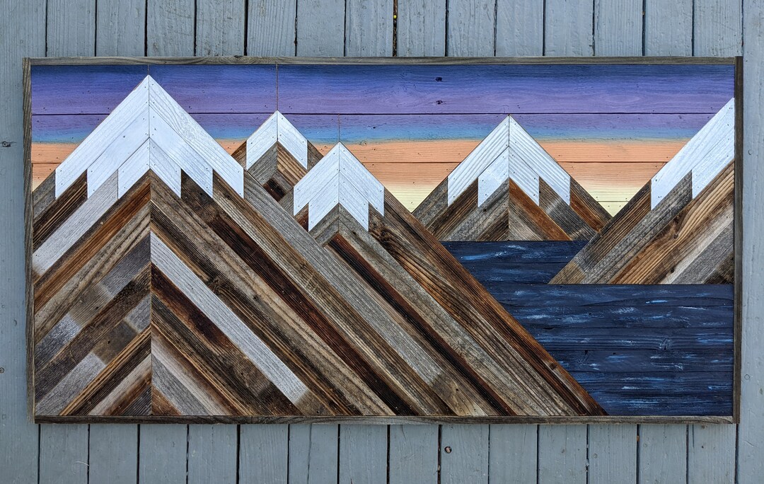 Rustic Mountain Wood Wall Art Asymmetrical With Soft Sunset Sky and