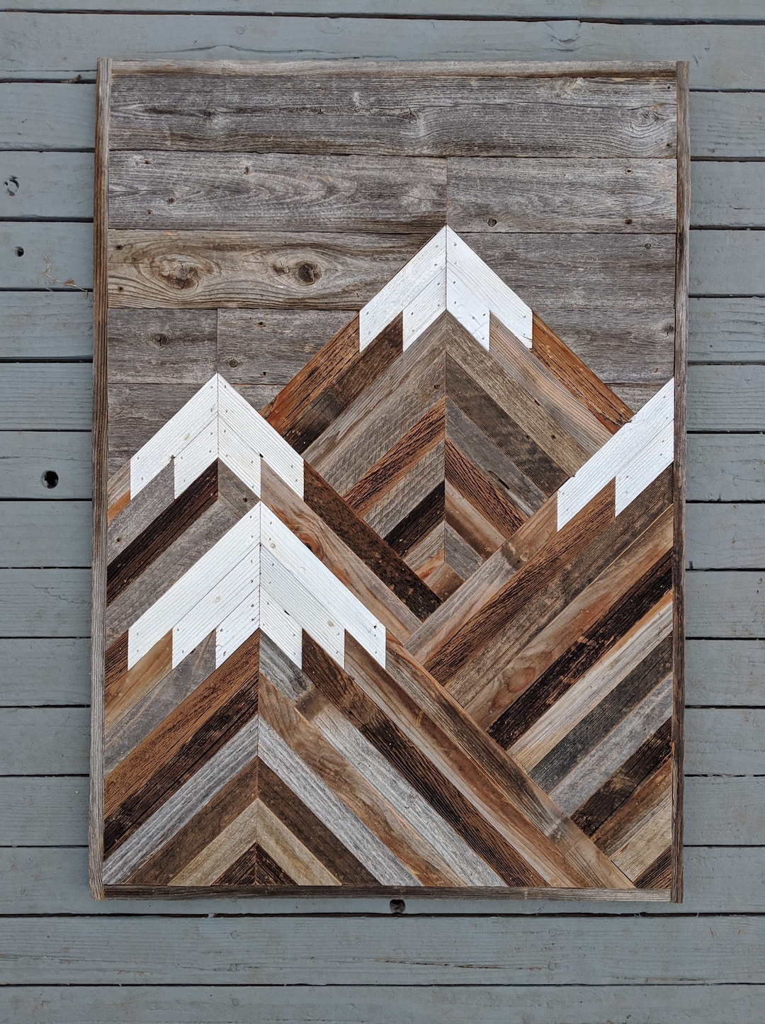 Rustic Mountain Wood Wall Art Portrait With Gray Sky. Hand Crafted From