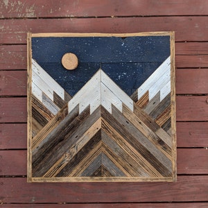 Rustic mountain wood wall art with night sky, moon and stars. Hand crafted from reclaimed wood by DoxaDesign