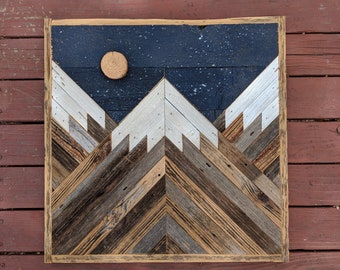 Rustic mountain wood wall art with night sky, moon and stars. Hand crafted from reclaimed wood by DoxaDesign