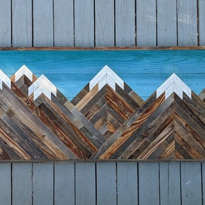 Rustic mountain wood wall art panoramic with asymmetrical layout and teal gradient. Hand crafted from reclaimed wood by DoxaDesign