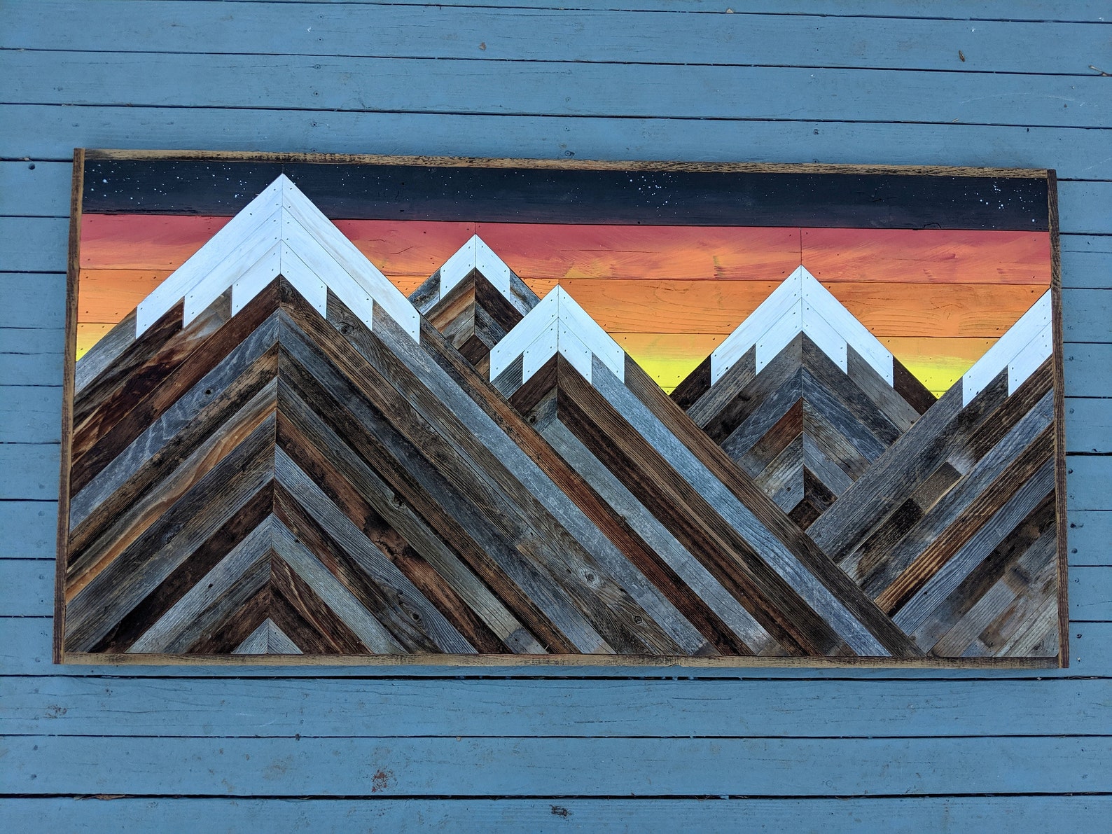Rustic Mountain Wood Wall Art Asymetrical With Sunset. Hand Crafted