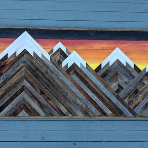 Rustic mountain wood wall art asymetrical with sunset. Hand crafted from reclaimed wood by DoxaDesign