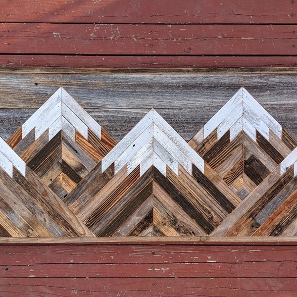 Rustic mountain wood wall art with gray sky. Hand crafted from reclaimed wood by DoxaDesign