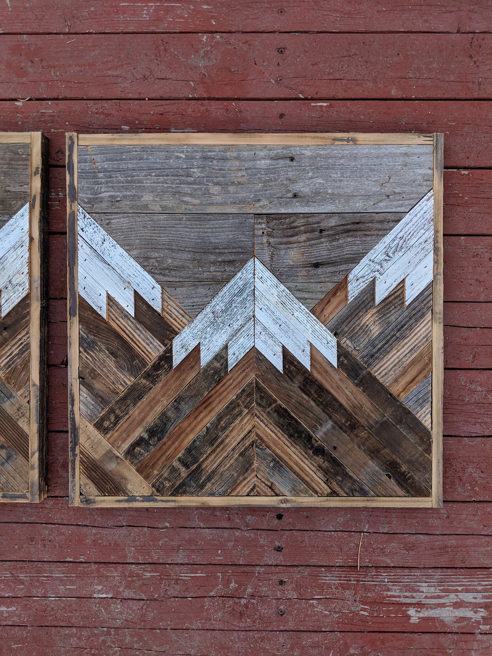 Rustic Mountain Wood Wall Art With Gray Sky Triptych Set of 3. Hand