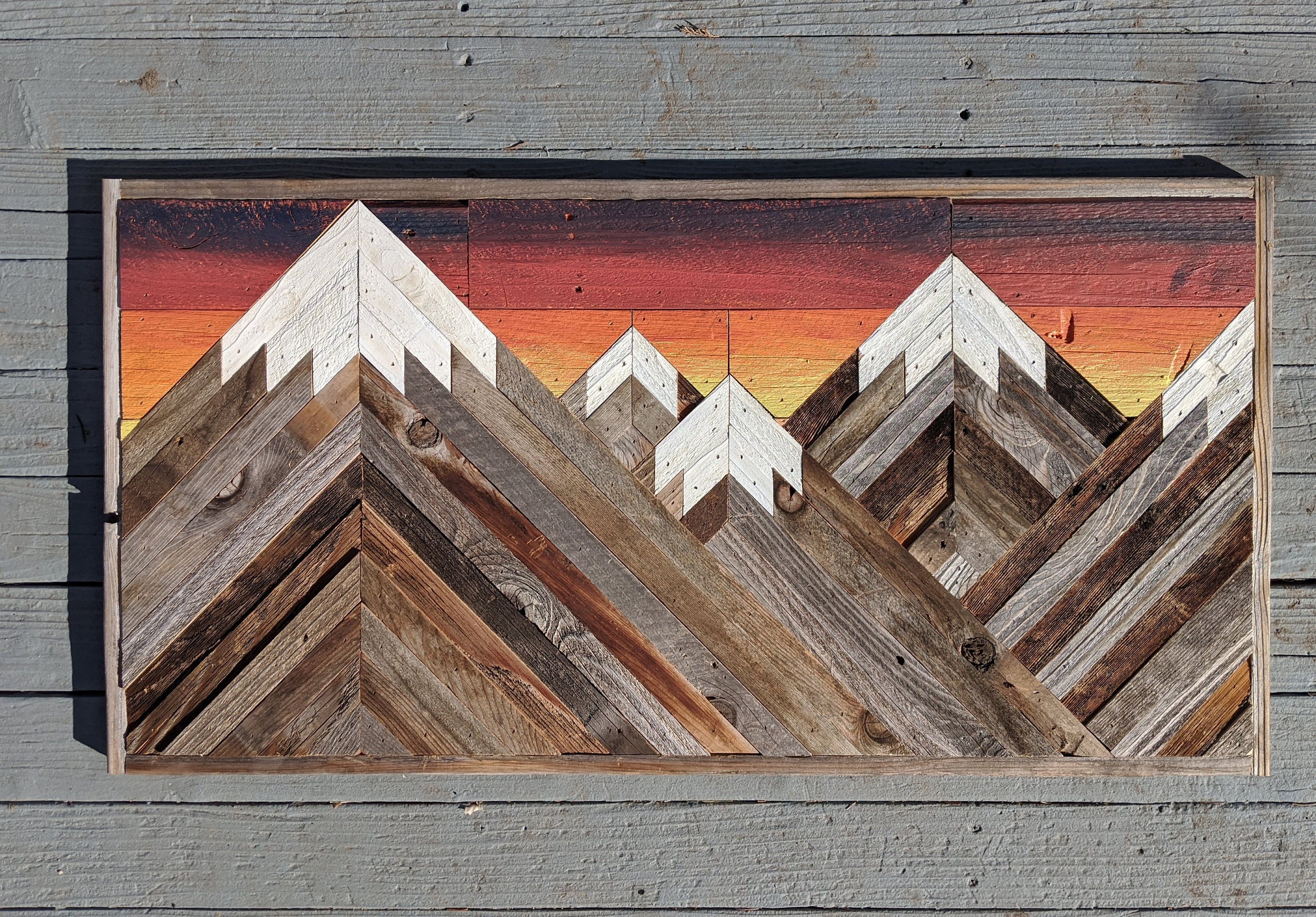 Rustic Mountain Wood Wall Art Asymetrical With Sunset. Hand Etsy