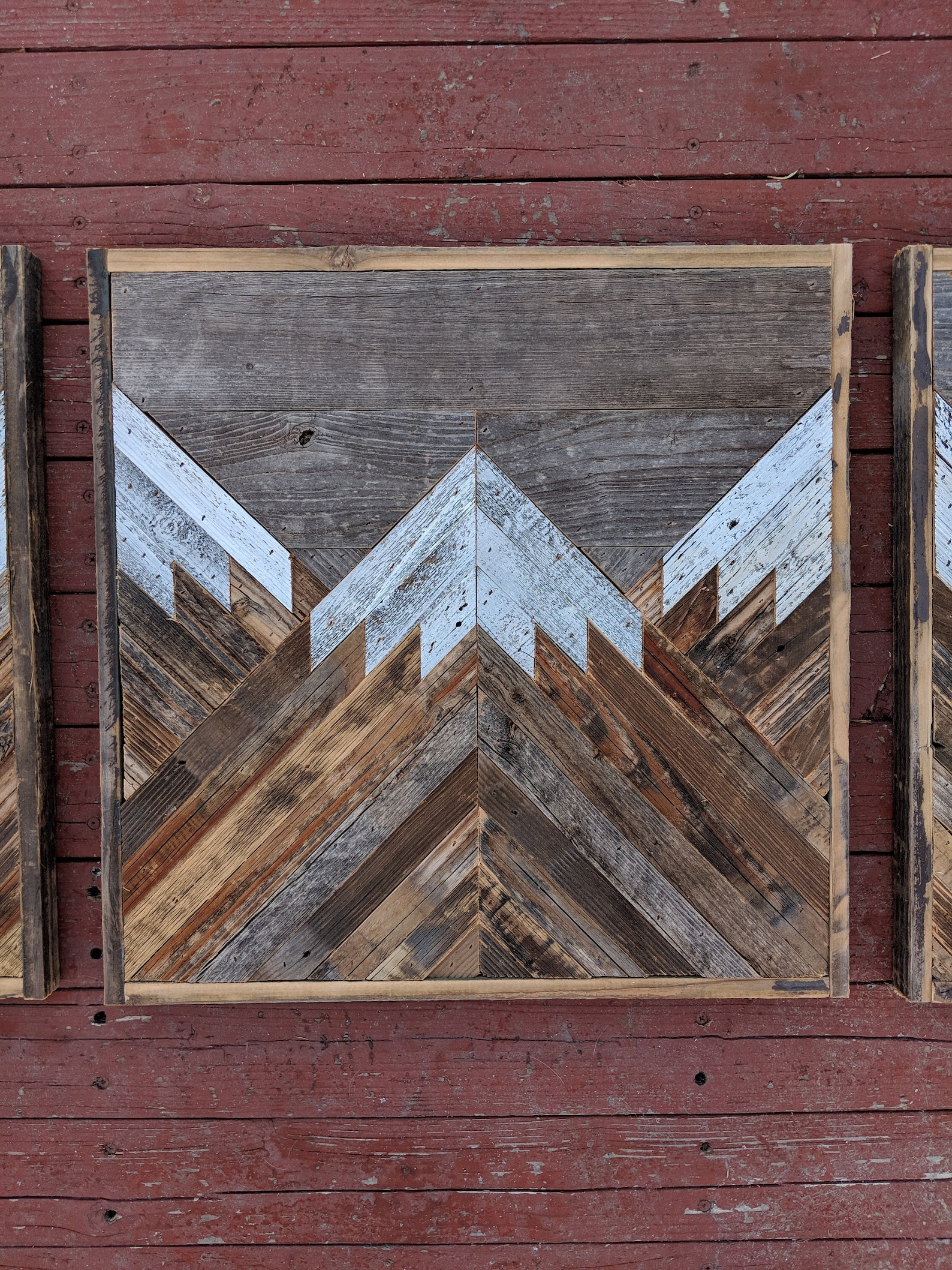 Rustic Mountain Wood Wall Art With Gray Sky Triptych Set of 3. Hand