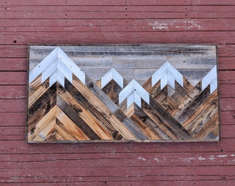 Rustic mountain wood wall art asymmetrical with gray sky. Hand crafted from reclaimed wood by DoxaDesign