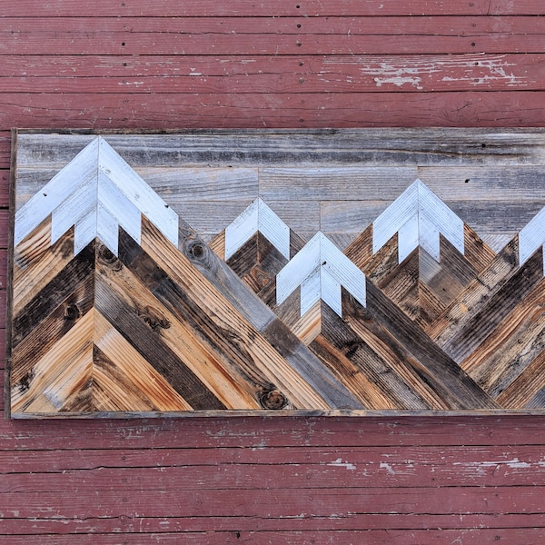 Rustic mountain wood wall art asymmetrical with gray sky. Hand crafted from reclaimed wood by DoxaDesign