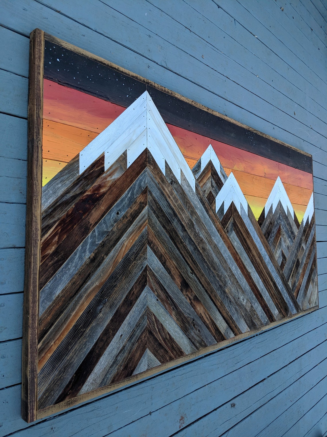 Rustic Mountain Wood Wall Art Asymetrical With Sunset. Hand Etsy