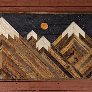 Rustic mountain wood wall art asymmetrical with night sky, stars and moon. Hand crafted from reclaimed wood by DoxaDesign