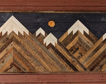 Rustic mountain wood wall art asymmetrical with night sky, stars and moon. Hand crafted from reclaimed wood by DoxaDesign