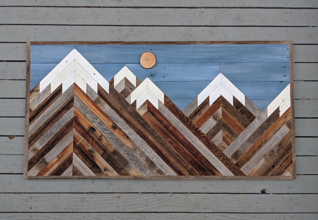 Rustic Mountain Wood Wall Art Asymmetrical Peaks With Daytime Sky. Hand