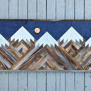 Rustic mountain wood wall art panoramic with night sky. Hand crafted from reclaimed wood by DoxaDesign