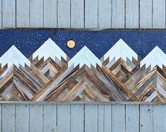Rustic mountain wood wall art panoramic with night sky. Hand crafted from reclaimed wood by DoxaDesign