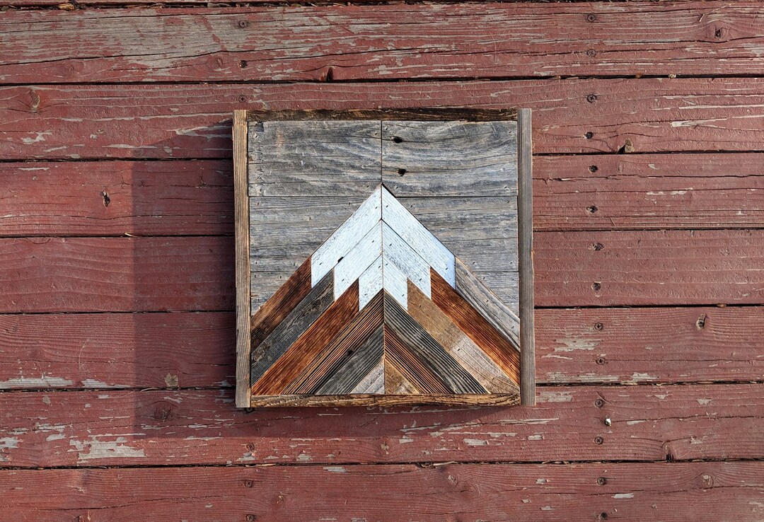 Rustic Mountain Wood Wall Art Single Peak With Gray Sky. Hand Crafted