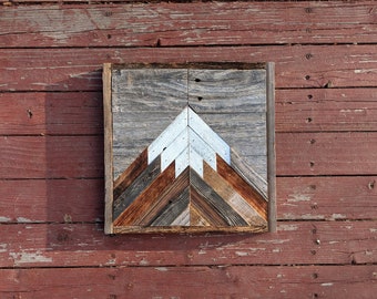 Rustic mountain wood wall art single peak with gray sky. Hand crafted from reclaimed wood by DoxaDesign