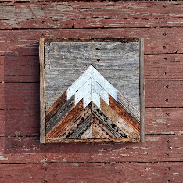 Rustic mountain wood wall art single peak with gray sky. Hand crafted from reclaimed wood by DoxaDesign