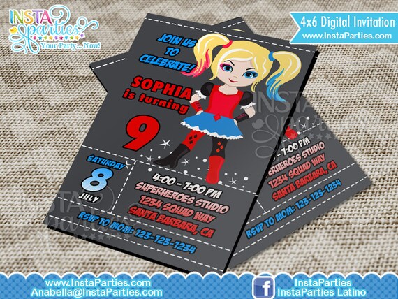 Harley Quinn Invitations Super Heros Fille Invitation Etsy