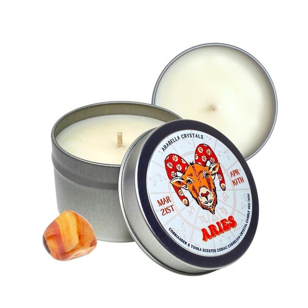 Aries Candle Tin / Zodiac Candle Aries Ritual Candle / Aries Zodiac Sign Gift / Crystal Candles / Intention Candles / Soy / Carnelian Candle