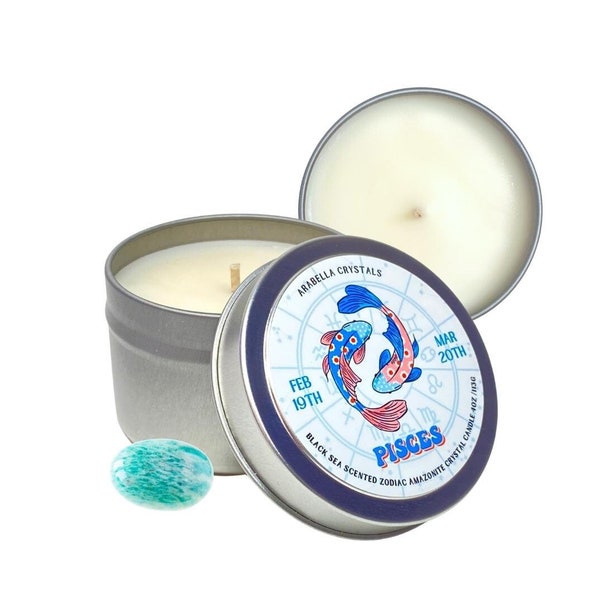 Pisces Candle Tin / Zodiac Candle Pisces Ritual Candle / Pisces Zodiac Sign Gift / Crystal Candles / Intention Candles / Amazonite Candle