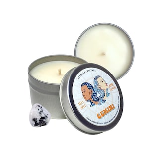Gemini Zodiac Candle: Crystal Infused Soy Candle with Rainbow Moonstone