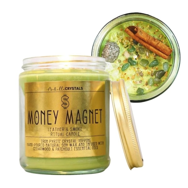Money Magnet Crystal Candle / Leather and Smoke Scented Soy Candle / Money Magic Candle Ritual and Spells / Spiritual Candle for Abundance