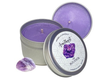 Amethyst Crystal Candle Tin / Lavender Scented Candle / Crystal Healing / Spiritual / Intuition / Intention Candle