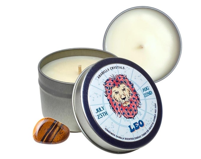 Leo Kerze Dose / Sternkerze Leo Ritual Kerze / Löwe Sternzeichen Geschenk / Kristallkerze / Intention Candles / Tigerauge Kerze / Sojakerze