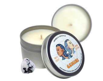 Gemini Zodiac Candle: Crystal Infused Soy Candle with Rainbow Moonstone