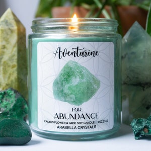 Aventurine Crystal Healing Candle - Cactus Flower & Jade Scent, Vegan Soy Wax Candle, Witchy Crystal Infused Candle for Energy, Abundance