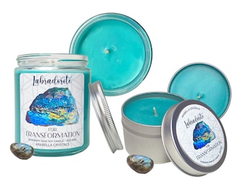 Candela di cristallo di labradorite: candela di soia profumata al rosmarino e salvia