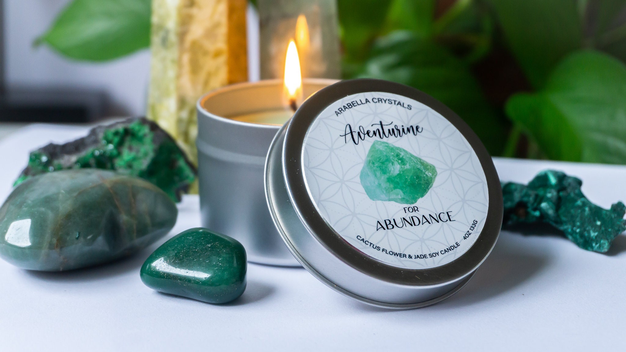 Aventurine Crystal Candle Tin/English Garden Scented Healing Spirituel Bonne Chance Bougie d'intenti