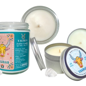 Taurus Zodiac Crystal Candle: Sage, Lavender, Amber Scent