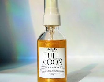 Bruma para el hogar y el cuerpo con aroma a Luna Llena: Spray de purpurina con infusión de cristales