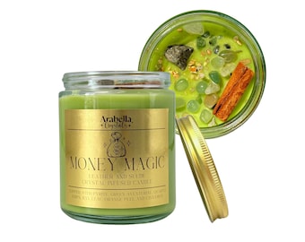 Money Magic Candle: Leather & Smoke Scent, Aventurine Crystals