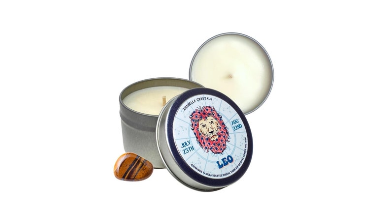 Leo Candle Tin / Zodiac Candle Leo Ritual Candle / Leo Zodiac Sign Gift / Crystal Candles / Intention Candles / Tiger Eye Candle /Soy Candle image 1