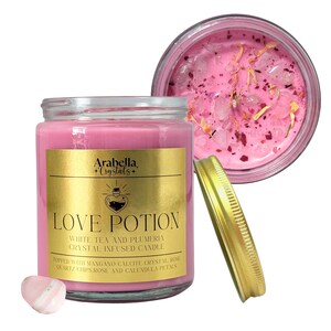 Love Potion Herbal Candle Jar / Mangano Calcite Crystal Candle / Spiritual Soy Wax Candle