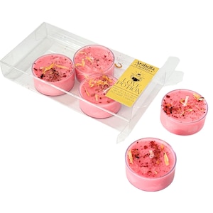 Love Potion Tea Light Candle Set with Rose Quartz Crystal and Rose Petal Toppings for Love and Growth