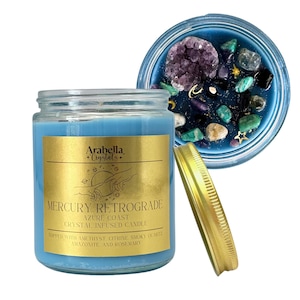 Mercury Retrograde Protection Candle with Healing Crystals for Manifestation Candle Ritual Soy Candle Scented with Marine, Jasmine, and Musk