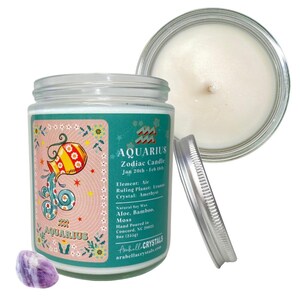Aquarius Zodiac Candle: Amethyst Crystal, Aloe Bamboo Scent