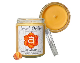 Sacral Chakra Candle: Carnelian Crystal, Citron Mandarin Scent