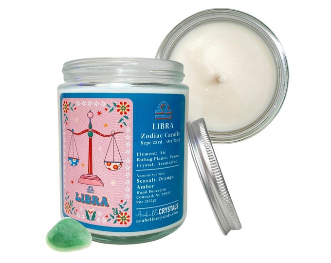 Libra Candle / Zodiac Candle Libra Ritual Candle / Libra Zodiac Sign Gift / Crystal Candles / Intention Candles / Soy / Aventurine Candle